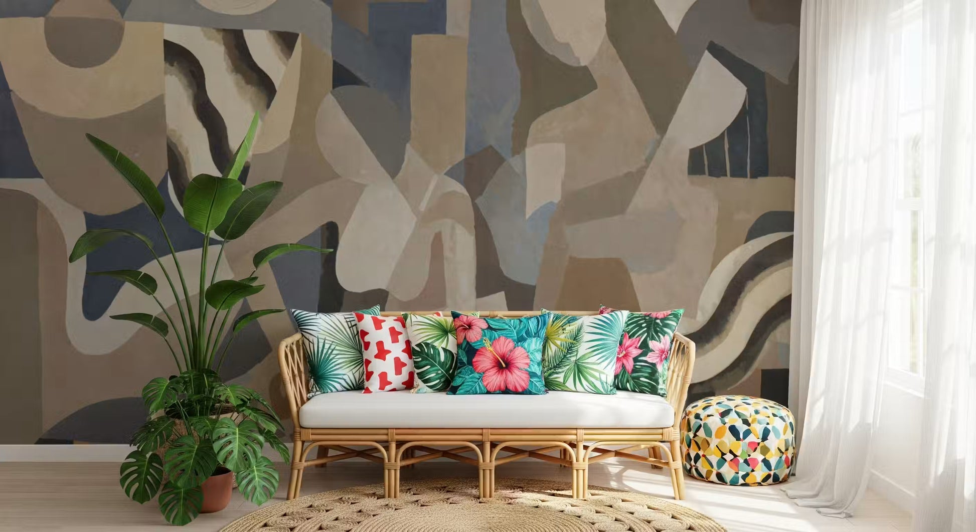 Lunar Smoke Wall Mural with drifting shapes and calm monochrome movement