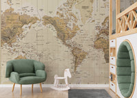 Antique brown map mural for walls
