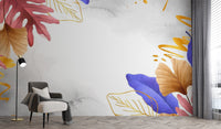 Golden blue and pink leaves wallpaper mural