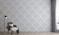 Contemporary grey on white damask wallpaper with soft details.