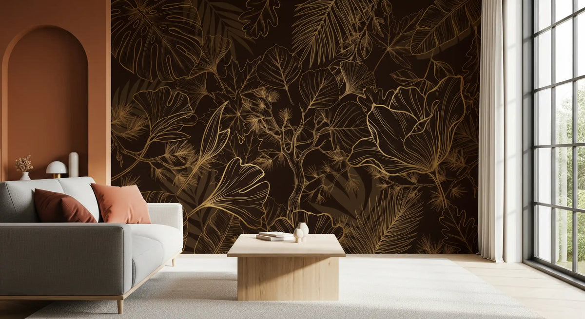Golden botanical foliage mural behind a grey sofa and wooden table near a terracotta arch GD12610