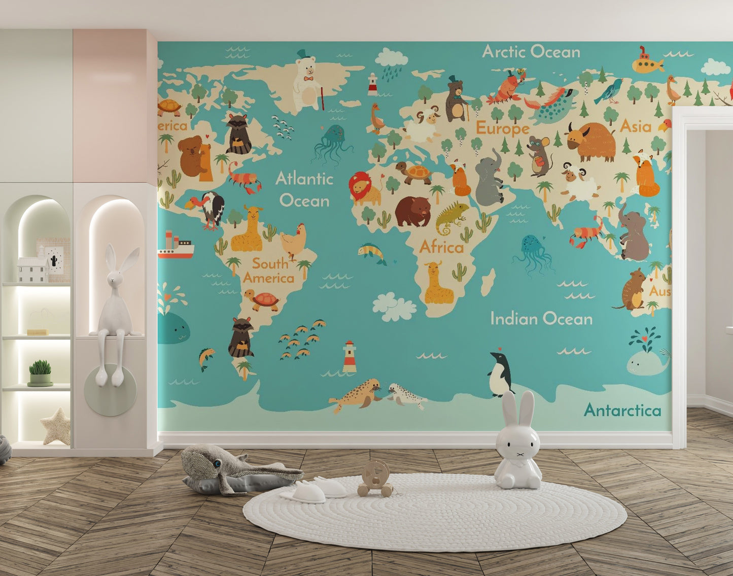 Animal-themed world map mural for nursery
