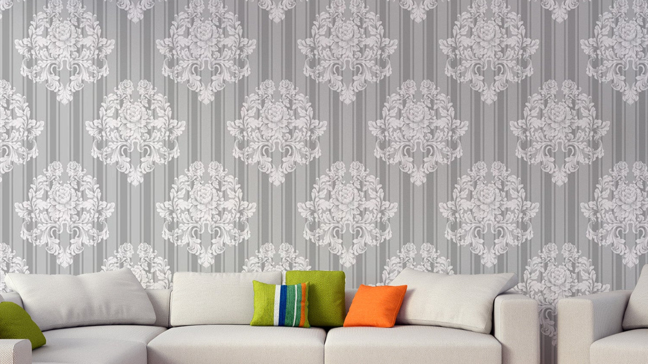 Premium Grey and White Damask Wallpaper decor
