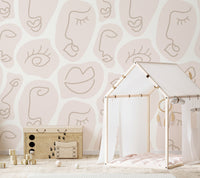 Abstract human face line wallpaper mural for creative interiors.
