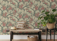 Nature-inspired wallpaper with squirrels and leaves


