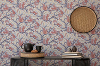 Hand-drawn squirrels and oak trees in blue hues

