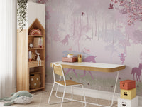 Pink fairytale forest wallpaper with unicorns
