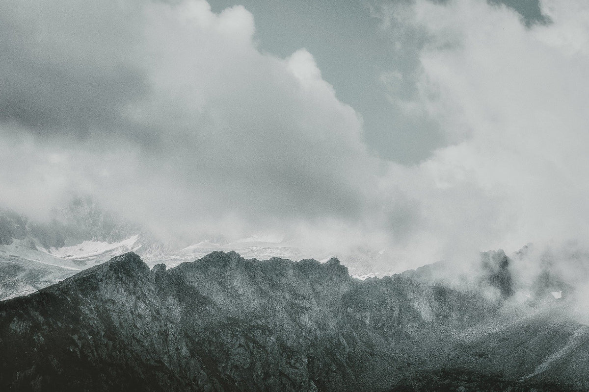 Snow Mountains Foggy Wallpaper Mural in your room — zoomed