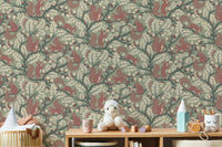 Woodland wallpaper with squirrels in green tones


