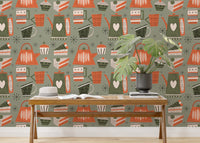 Green retro wallpaper for coffee-themed decor
