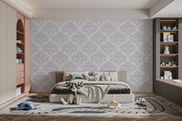 Grey and white damask wallpaper for refined, classic decor.