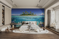Serene blue ocean wallpaper mural with a tropical island view.