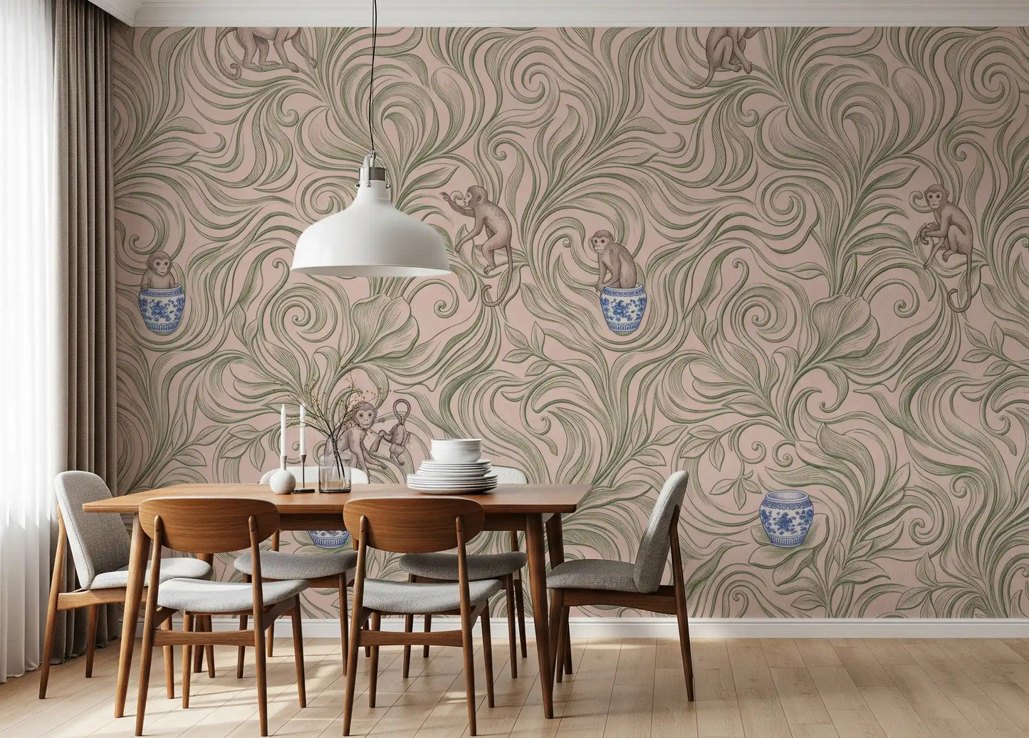 Playful Monkeys in Porcelain Vases Wall Mural