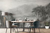 Antique-style forest and mountain wallpaper for decor
