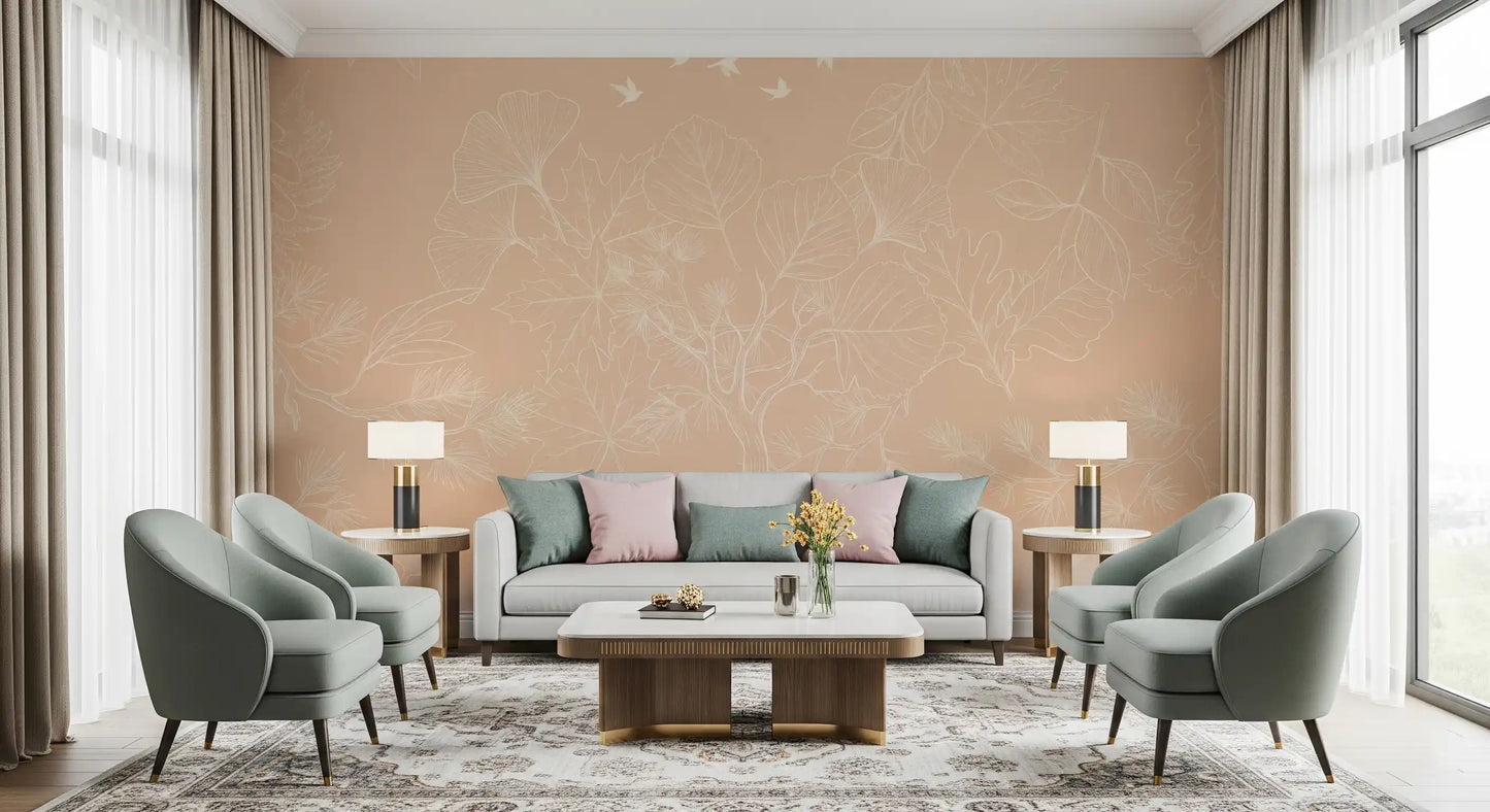Serene Peach Botanical Line Art Wall Mural