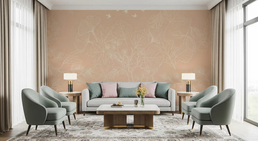 Serene Peach Botanical Line Art Wall Mural