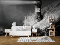 Peel and stick wallpaper featuring lighthouse in fierce waters