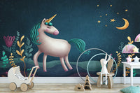 Blue & Green Night Unicorn Kids Nursery Wallpaper Mural - Giffywalls