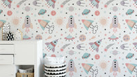 Playful space-themed wallpaper design
