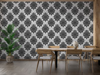 Stylish black and white damask wallpaper decor
