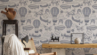 Vintage blue plane wallpaper with retro aircraft illustrations

