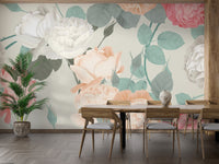 Pink & White Large Painted Roses Wallpaper Mural - Giffywalls