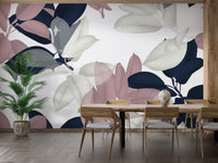 White & Pink Large Leaves Wallpaper Murals - Giffywalls
