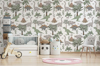 Green and beige dinosaur-themed wallpaper

