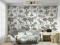 Nursery room with dinosaur wallpaper mural

