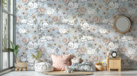 Peaceful woodland scene on baby blue wall

