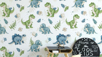 Green and blue dinosaurs on white background

