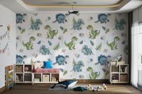 Colorful dinosaur wallpaper for kids’ room

