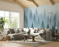 Tranquil misty forest wallpaper for bedroom