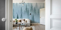 Misty forest wall mural in neutral tones