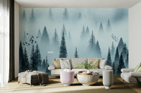 Tranquil Forest Dawn Wallpaper – Birds Flying at Sunrise