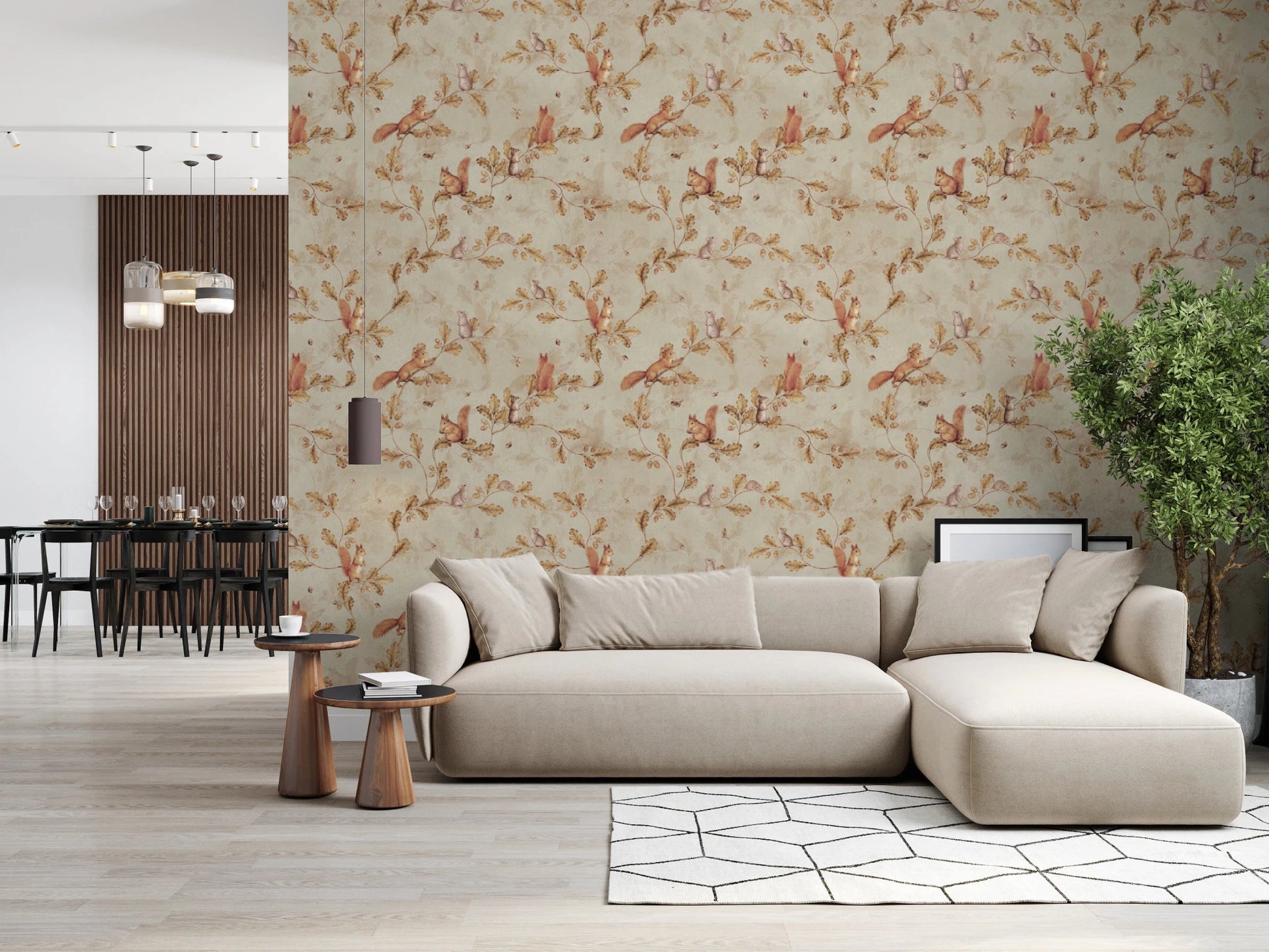 18th Rococo Forest Chinoiserie with Squirrels and Mice on Oak Tree Branches beige Wallpaper⁠