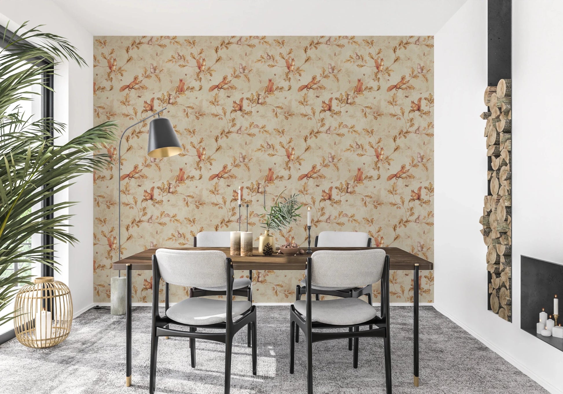 18th Rococo Forest Chinoiserie with Squirrels and Mice on Oak Tree Branches beige Wallpaper⁠