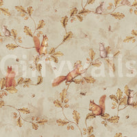 18th Rococo Forest Chinoiserie with Squirrels and Mice on Oak Tree Branches beige Wallpaper⁠