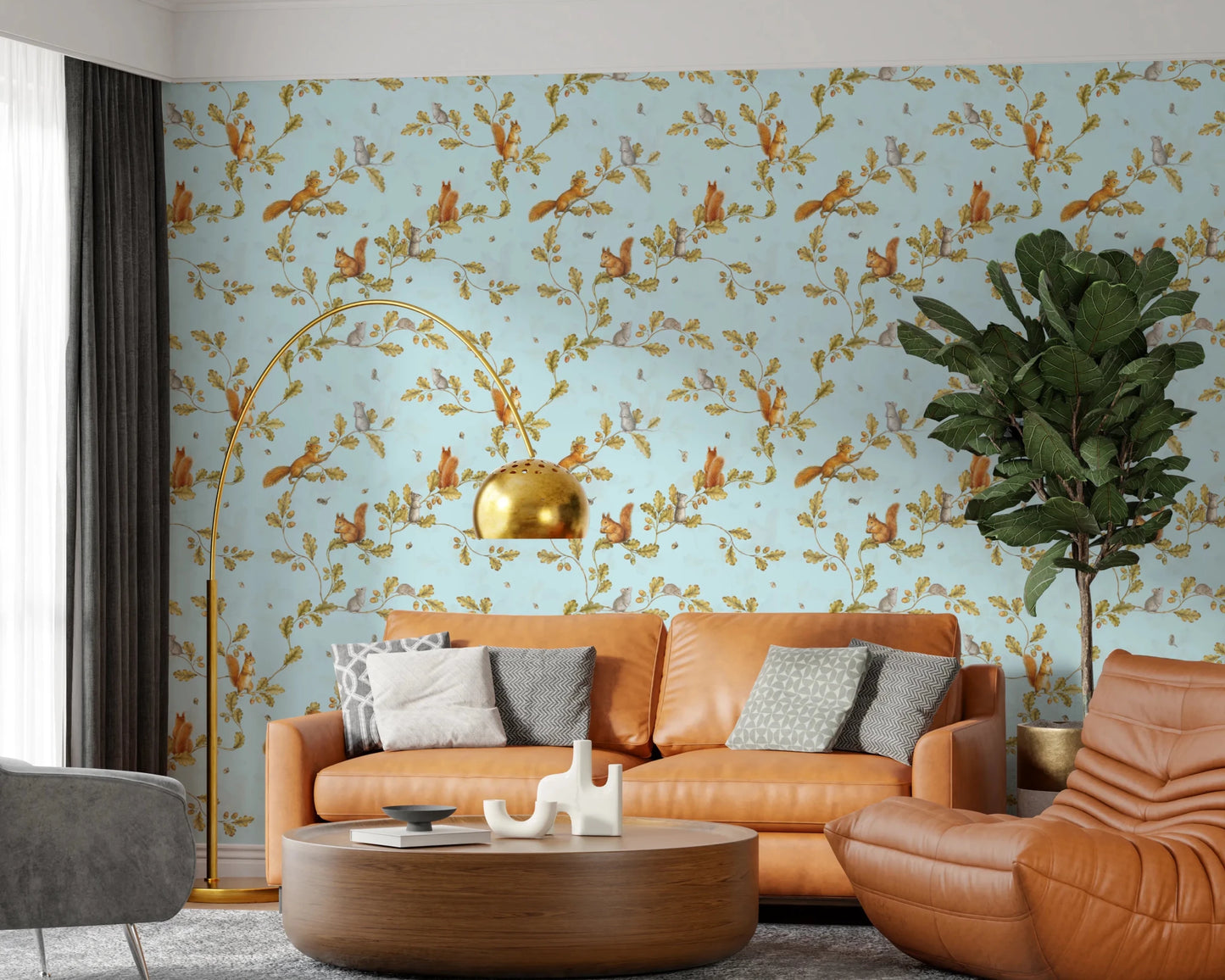 18th Rococo Forest Chinoiserie with Squirrels and Mice on Oak Tree Branches Blue Wallpaper⁠