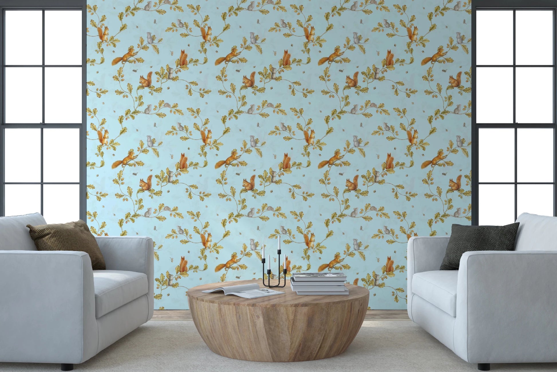 18th Rococo Forest Chinoiserie with Squirrels and Mice on Oak Tree Branches Blue Wallpaper⁠
