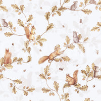 18th Rococo Forest Chinoiserie with Squirrels and Mice on Oak Tree Branches off white Wallpaper⁠