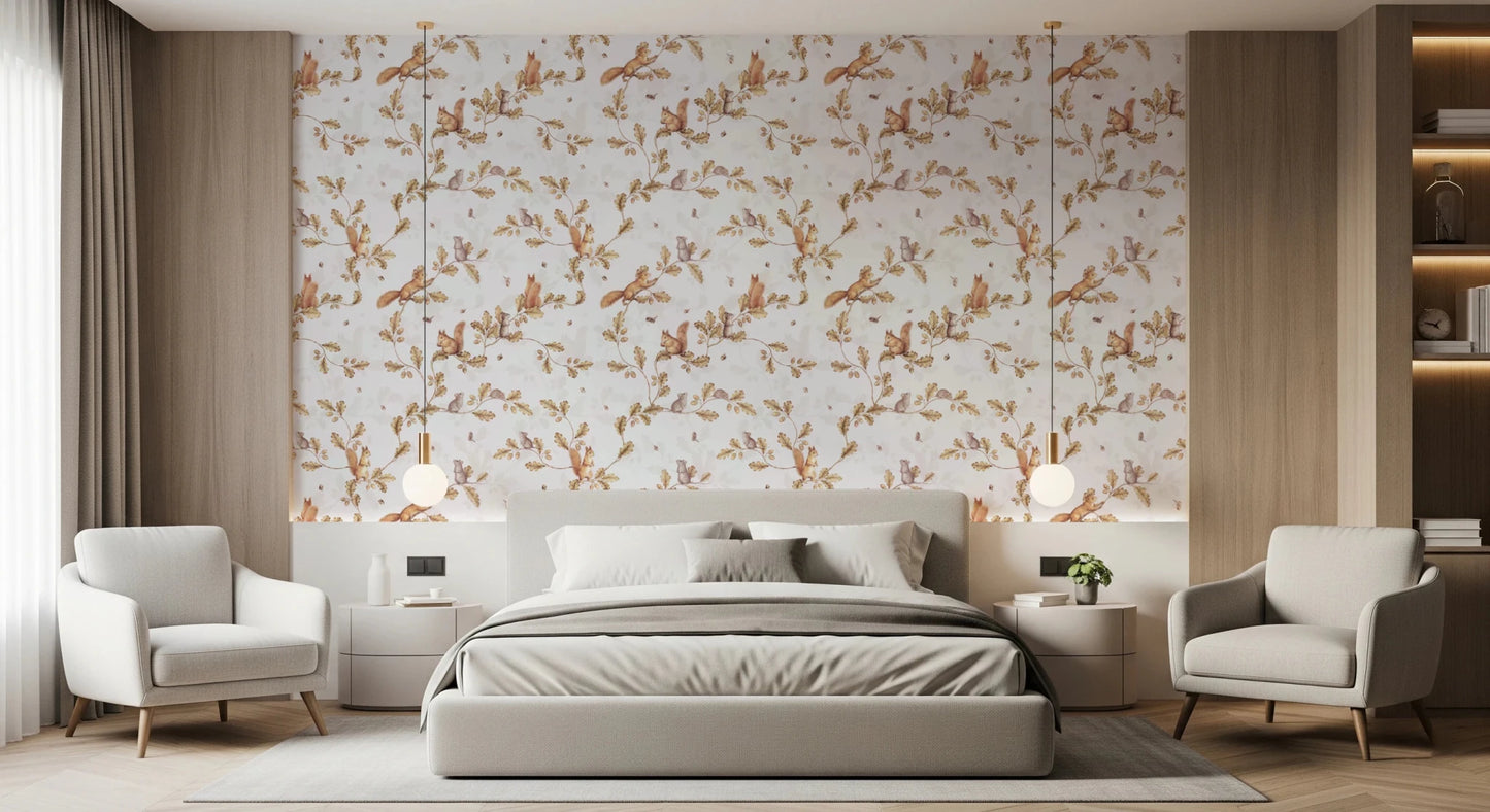 18th Rococo Forest Chinoiserie with Squirrels and Mice on Oak Tree Branches off white Wallpaper⁠