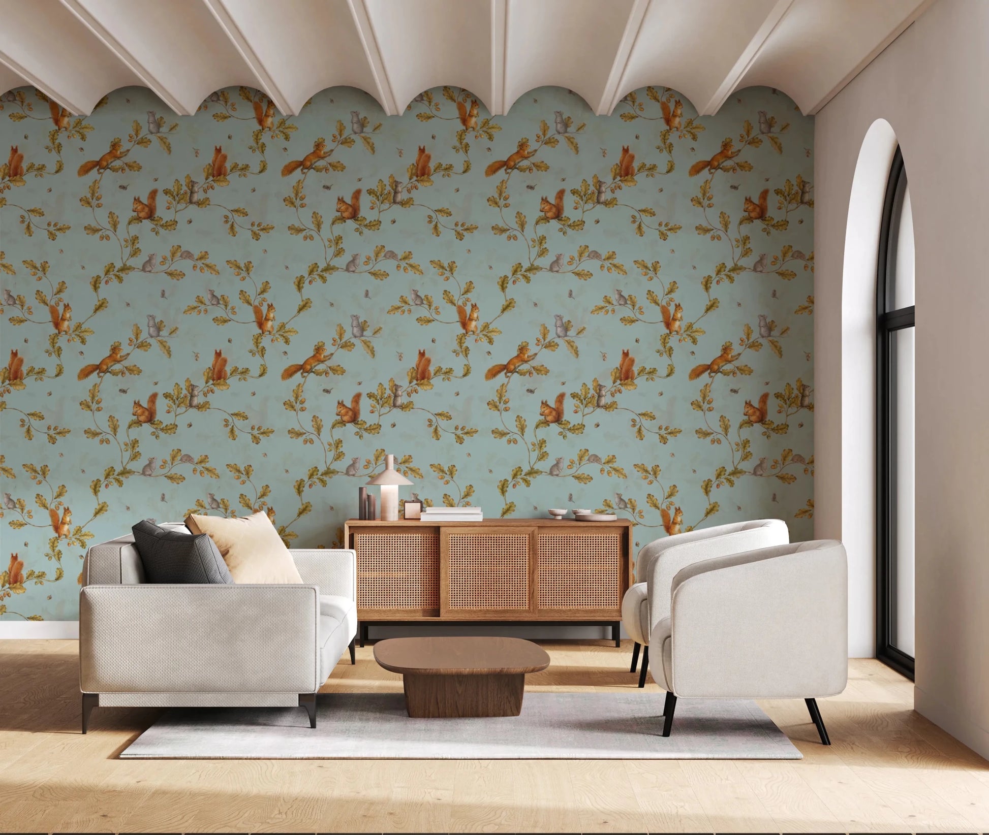 18th Rococo Forest Chinoiserie with Squirrels and Mice on Oak Tree Branches teal Wallpaper⁠