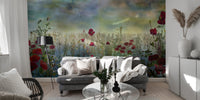 Elegant blue poppy flower wallpaper for serene and modern interiors.