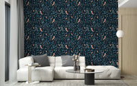 Artistic floral and bird motif wallpaper
