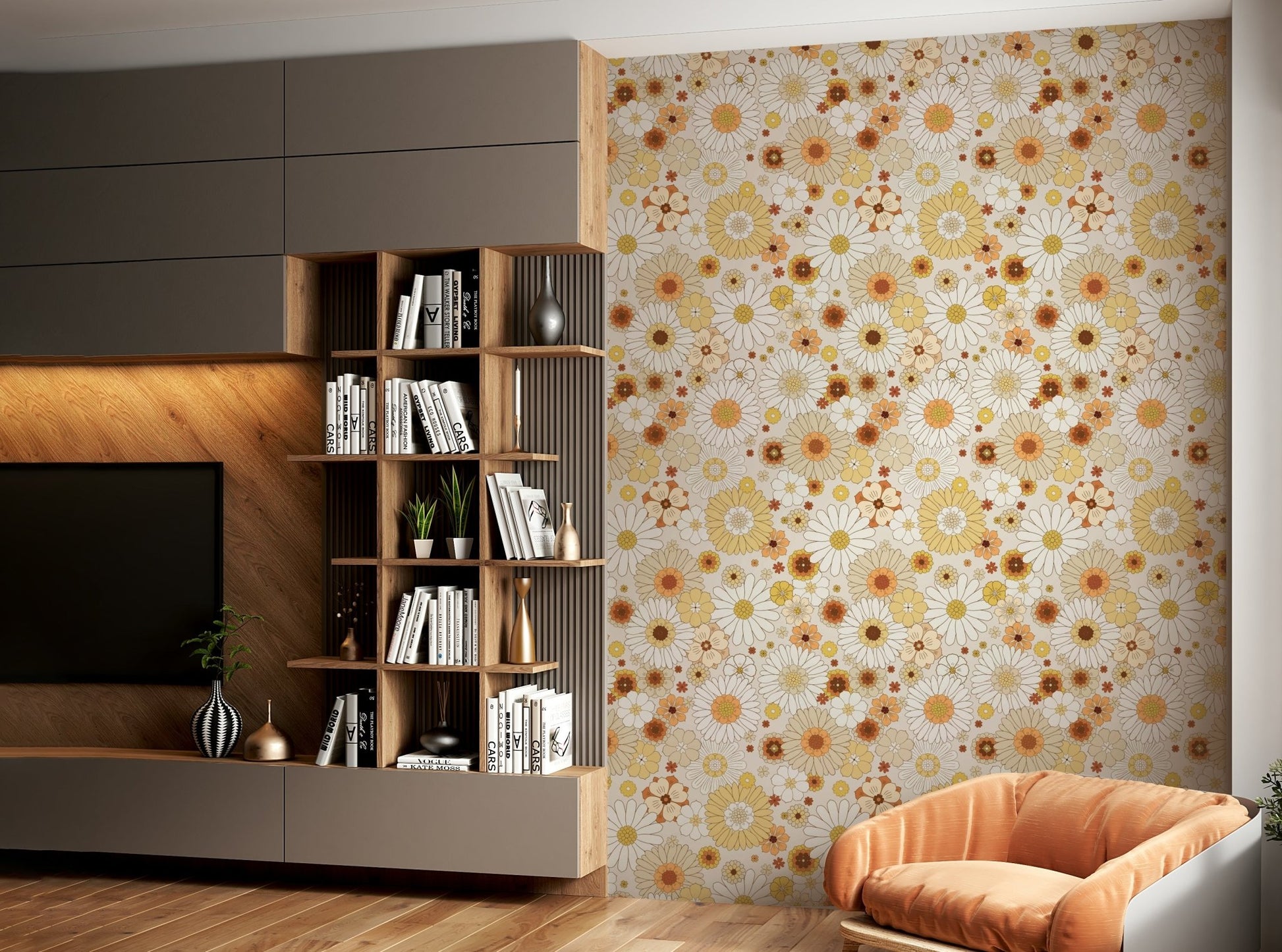 Features stylized daisy flowers.
