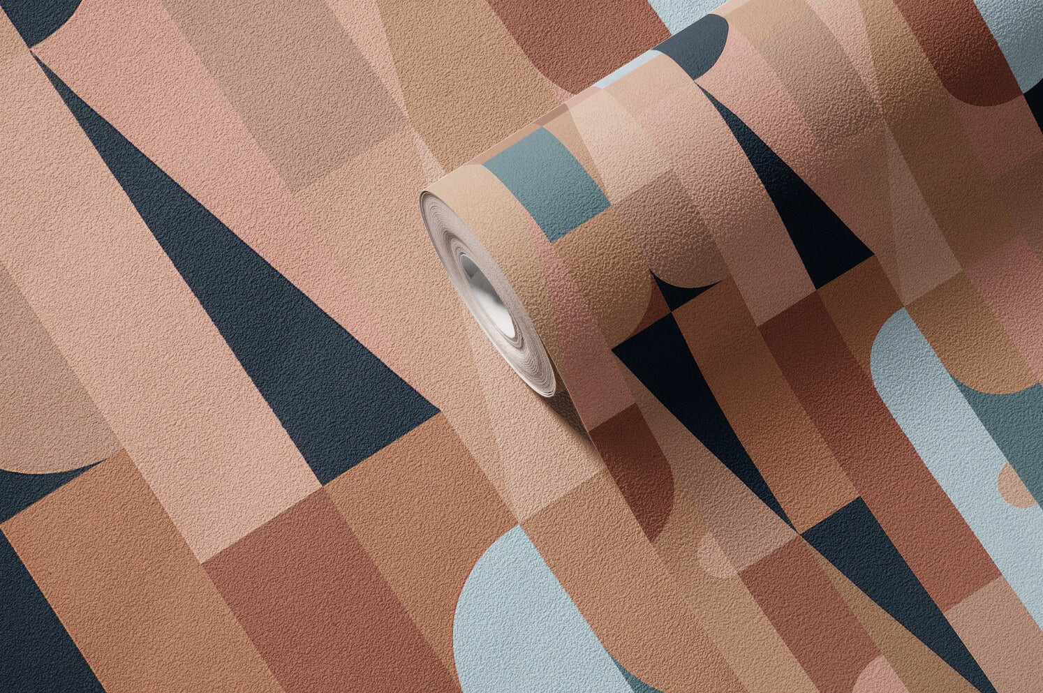 1970s Hex Dot Brown Color wallpaper roll close-up showing mid-century geometric shapes in terracotta, navy and light blue