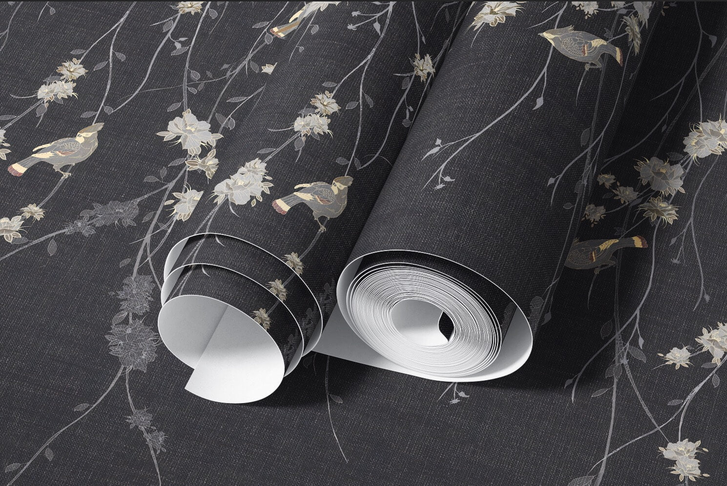 1970s Hex Dot Brown Color wallpaper rolled sample, charcoal grey ground with grey birds and floral branches