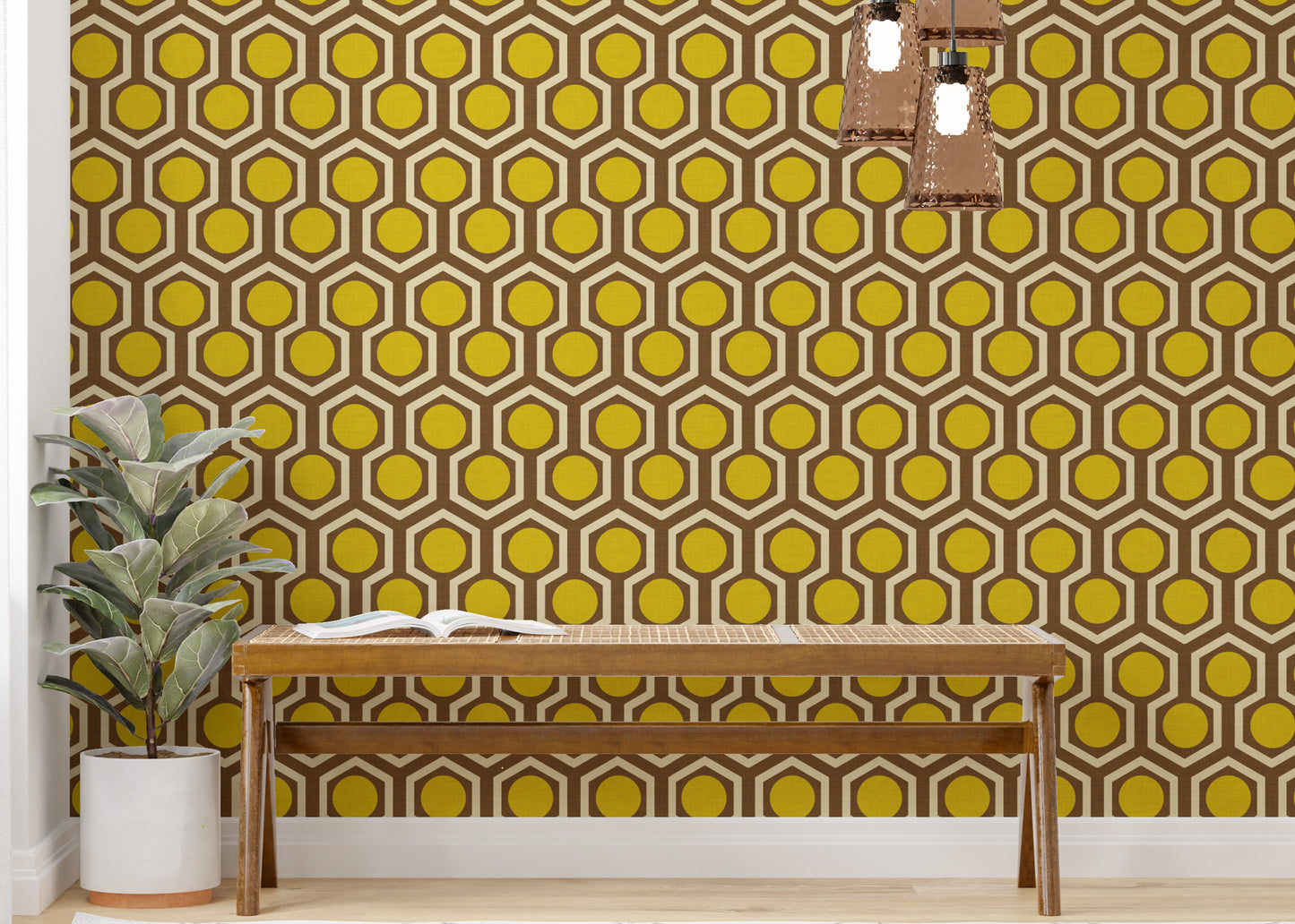 1970s-inspired mural with yellow dots
