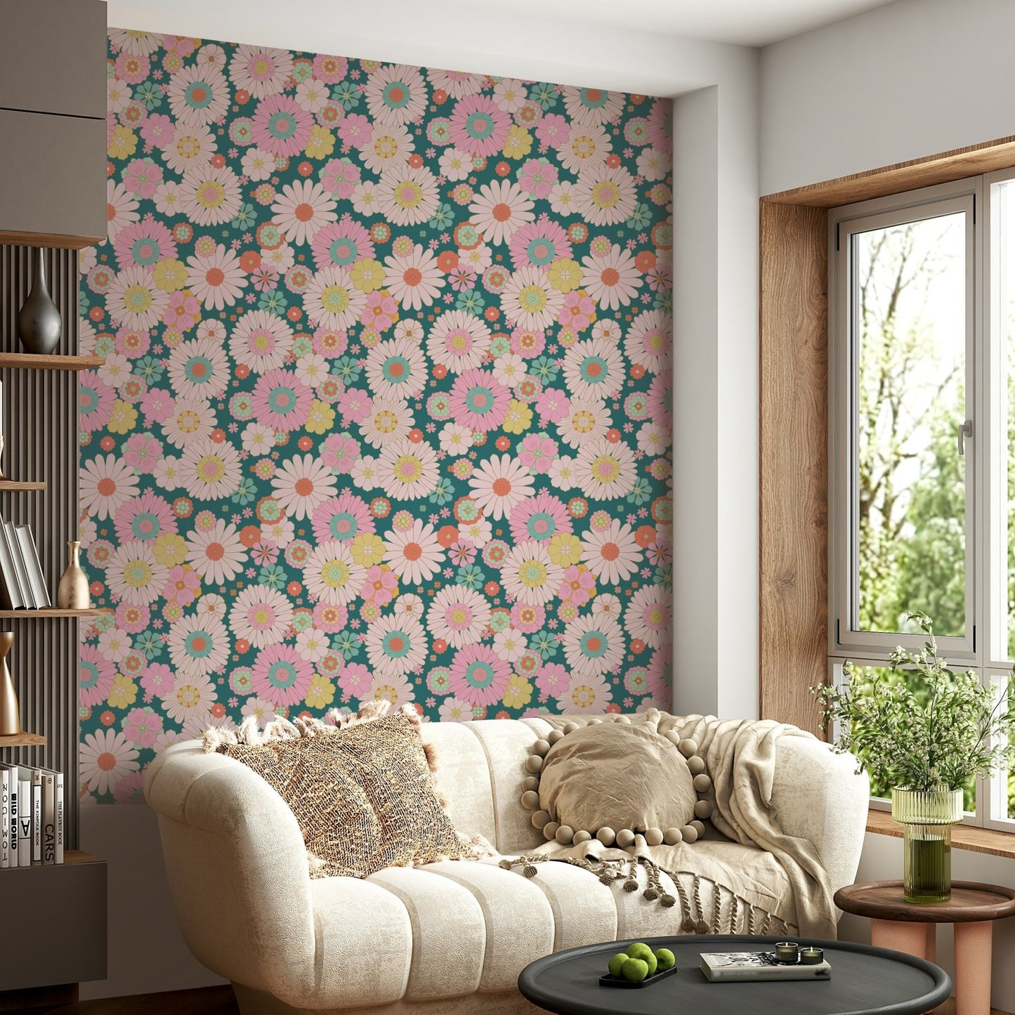 Features stylized daisies and other blooming flowers.

